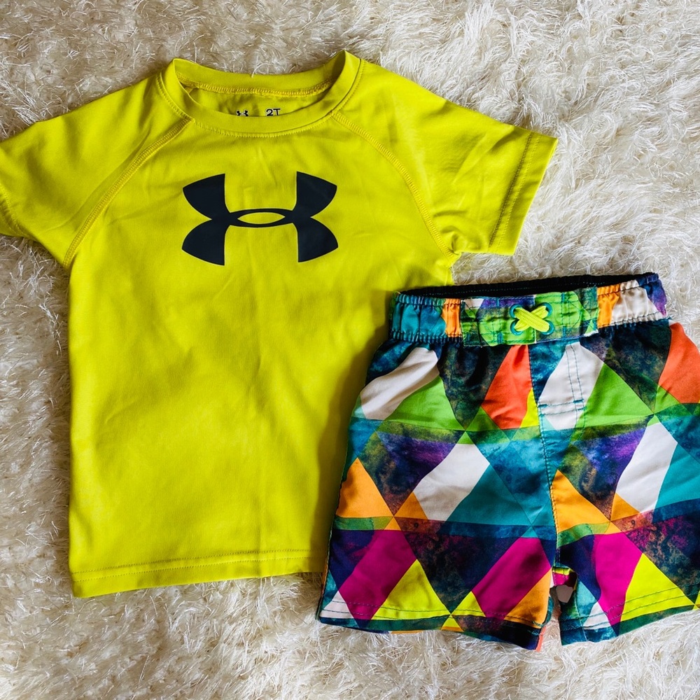 EUC - Neon Pattern Swim trunks & neon yellow top